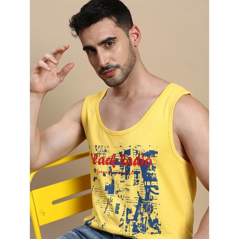 BLACK RADIO Mens Scoop Neck Sleeveless Graphic Printed Yellow T-Shirt