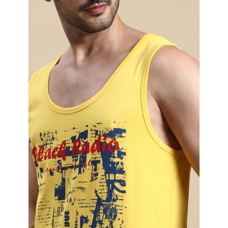 BLACK RADIO Mens Scoop Neck Sleeveless Graphic Printed Yellow T-Shirt