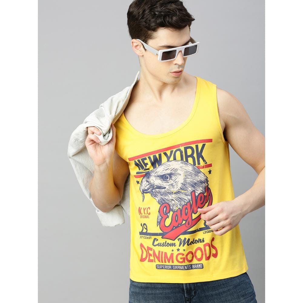 BLACK RADIO Mens Scoop Neck Sleeveless Graphic Printed Yellow T-Shirt