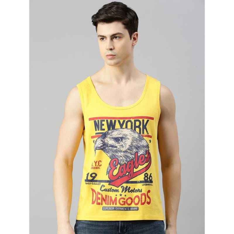 BLACK RADIO Mens Scoop Neck Sleeveless Graphic Printed Yellow T-Shirt