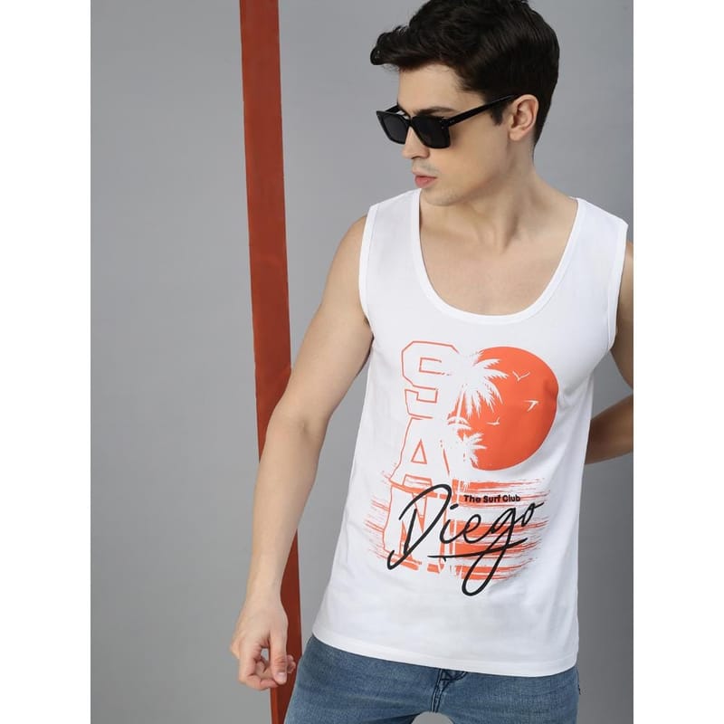 BLACK RADIO Mens Scoop Neck Sleeveless Graphic Printed White T-Shirt