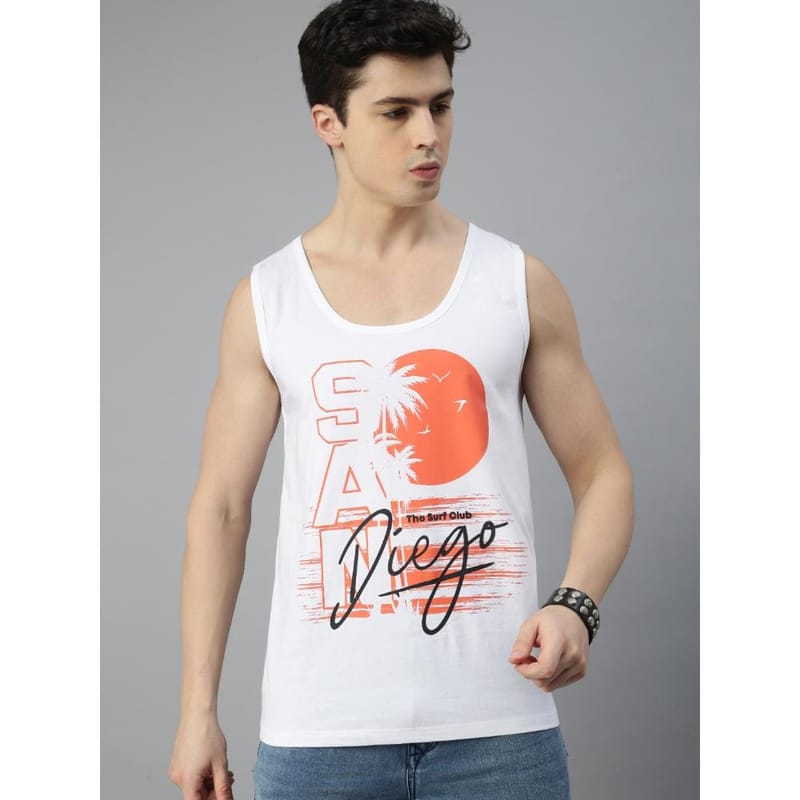 BLACK RADIO Mens Scoop Neck Sleeveless Graphic Printed White T-Shirt