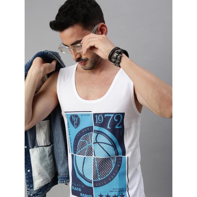 BLACK RADIO Mens Scoop Neck Sleeveless Graphic Printed White T-Shirt