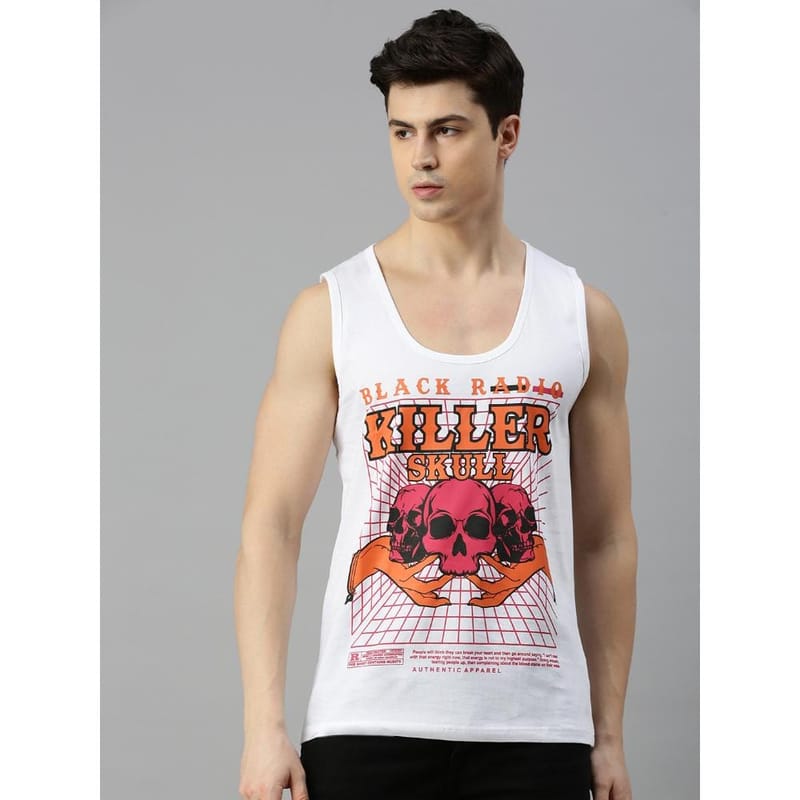 BLACK RADIO Mens Scoop Neck Sleeveless Graphic Printed White T-Shirt