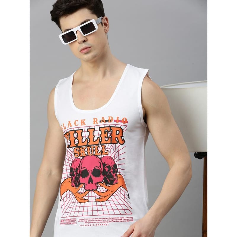 BLACK RADIO Mens Scoop Neck Sleeveless Graphic Printed White T-Shirt