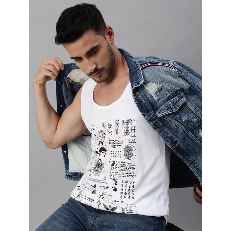 BLACK RADIO Mens Scoop Neck Sleeveless Graphic Printed White T-Shirt