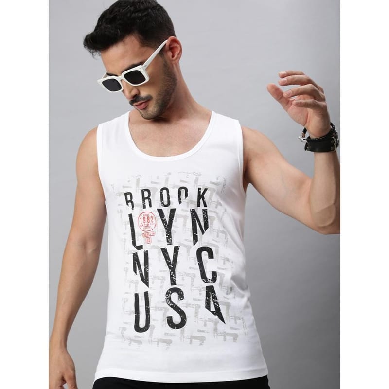 BLACK RADIO Mens Scoop Neck Sleeveless Graphic Printed White T-Shirt