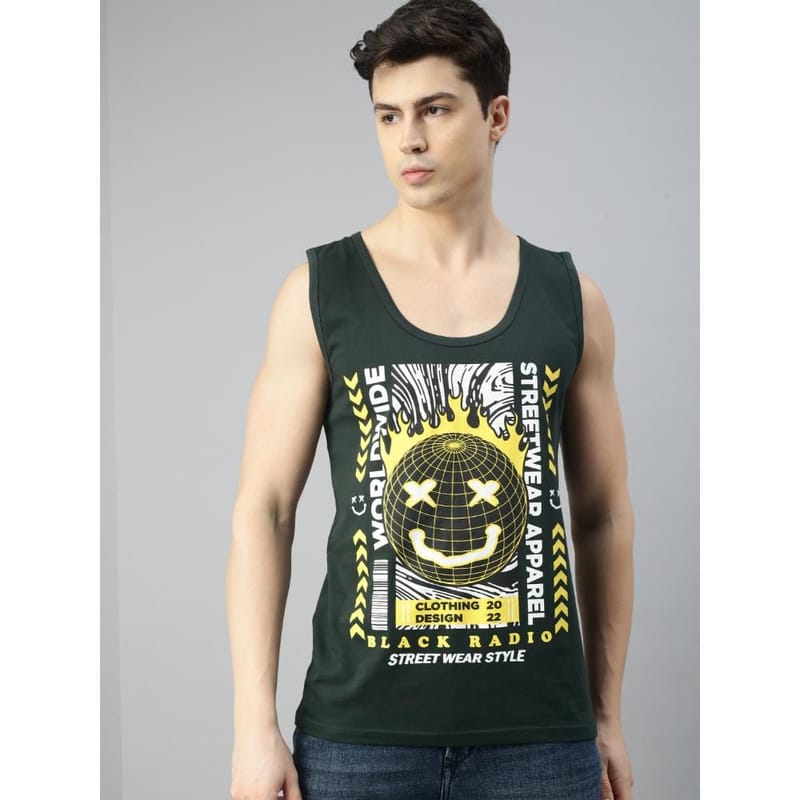 BLACK RADIO Mens Scoop Neck Sleeveless Graphic Printed Steal Green T-Shirt