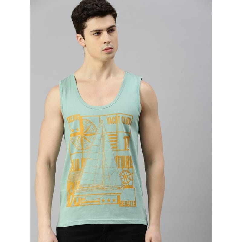 BLACK RADIO Mens Scoop Neck Sleeveless Graphic Printed Reseda Green T-Shirt