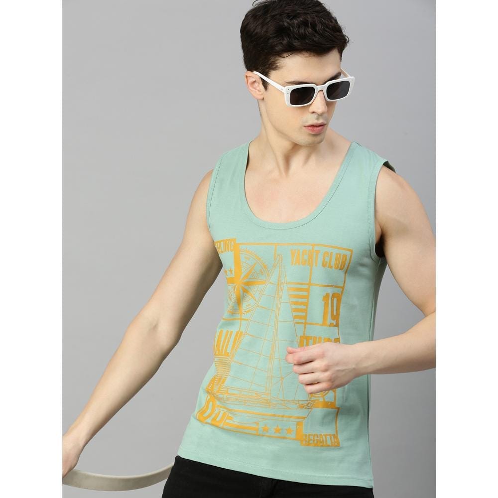 BLACK RADIO Mens Scoop Neck Sleeveless Graphic Printed Reseda Green T-Shirt