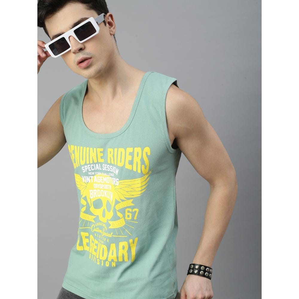 BLACK RADIO Mens Scoop Neck Sleeveless Graphic Printed Reseda Green T-Shirt