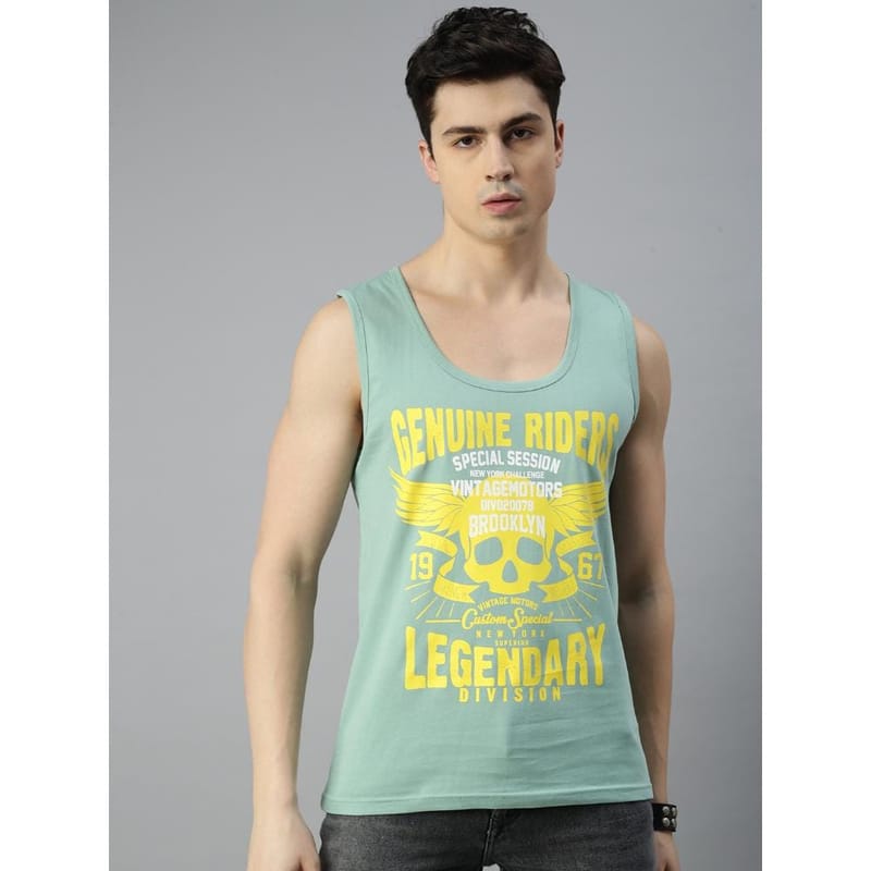 BLACK RADIO Mens Scoop Neck Sleeveless Graphic Printed Reseda Green T-Shirt