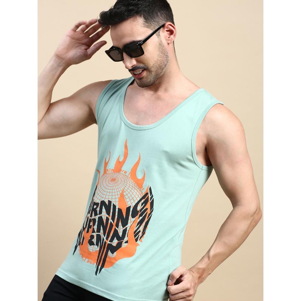 BLACK RADIO Mens Scoop Neck Sleeveless Graphic Printed Reseda Green T-Shirt