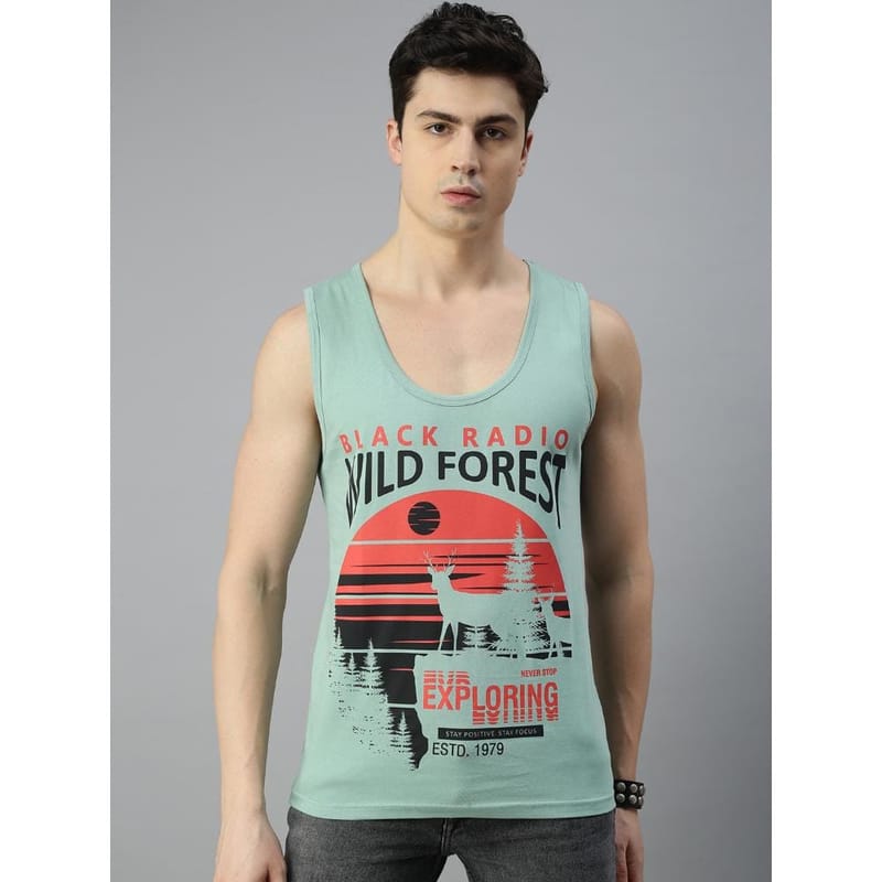 BLACK RADIO Mens Scoop Neck Sleeveless Graphic Printed Reseda Green T-Shirt