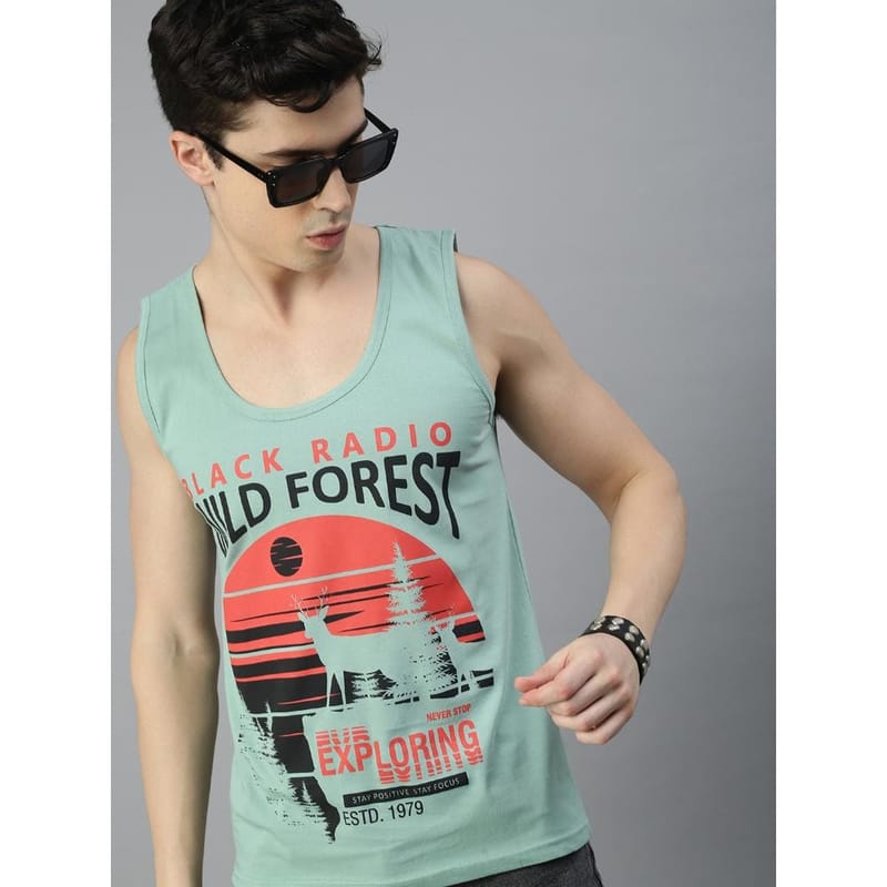 BLACK RADIO Mens Scoop Neck Sleeveless Graphic Printed Reseda Green T-Shirt