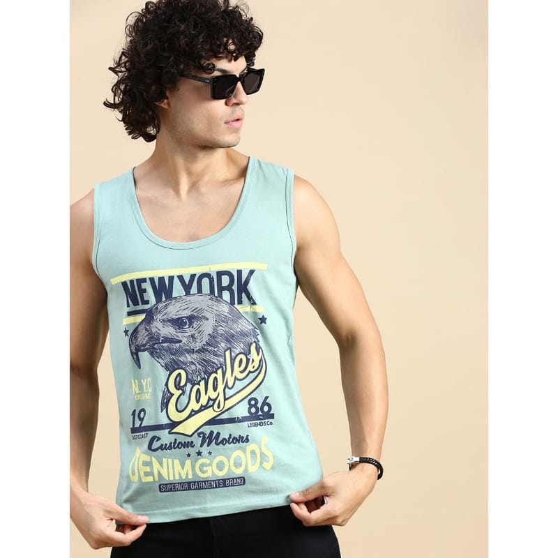 BLACK RADIO Mens Scoop Neck Sleeveless Graphic Printed Reseda Green T-Shirt