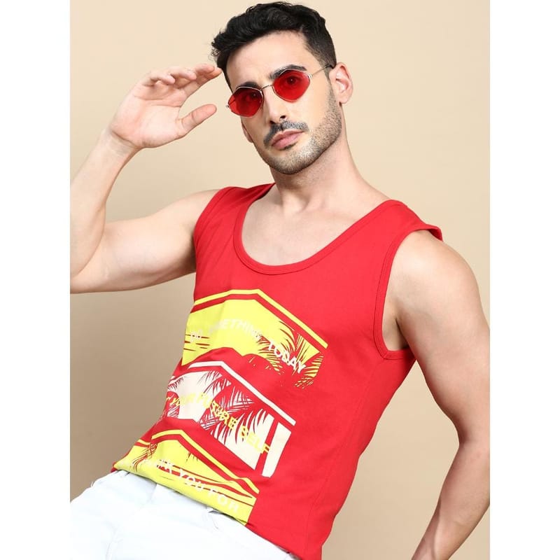 BLACK RADIO Mens Scoop Neck Sleeveless Graphic Printed Red T-Shirt