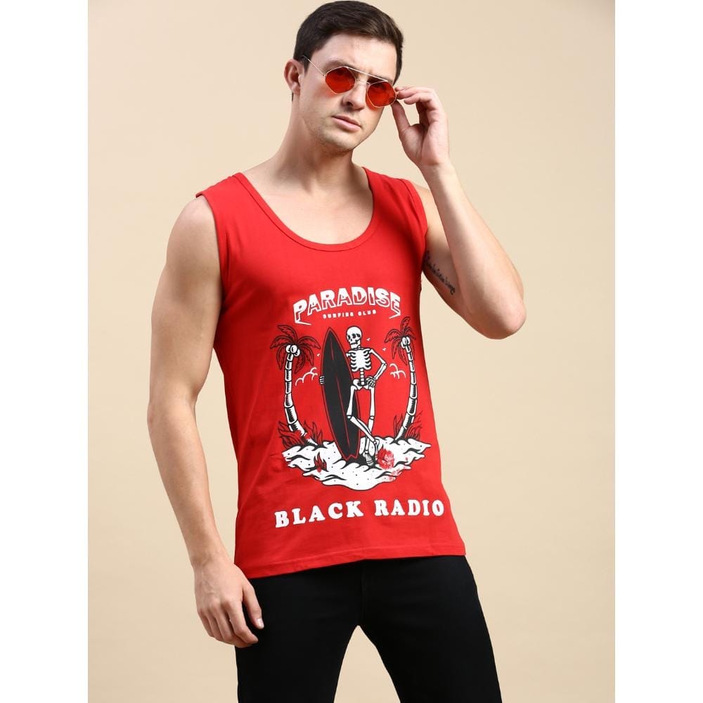 BLACK RADIO Mens Scoop Neck Sleeveless Graphic Printed Red T-Shirt