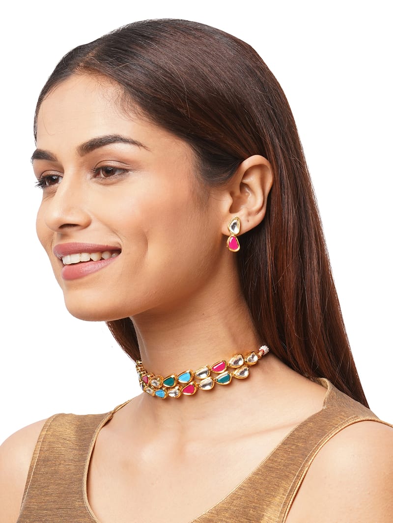 Binni's Wardrobe Set of Gold-Toned  White Brass Choker Necklace  Earrings