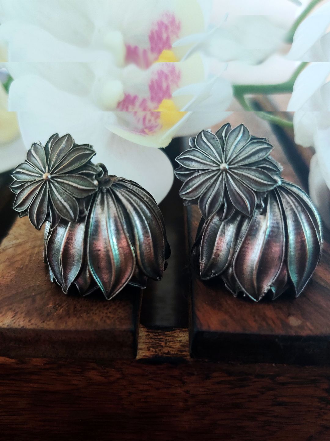 Binni's Wardrobe Silver-Toned Floral Jhumkas Earrings