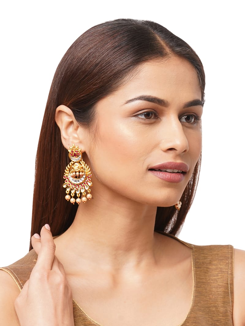 Binni's Wardrobe Women Gold-Toned Gold Plated Contemporary Kundan Dangler Drop Earrings