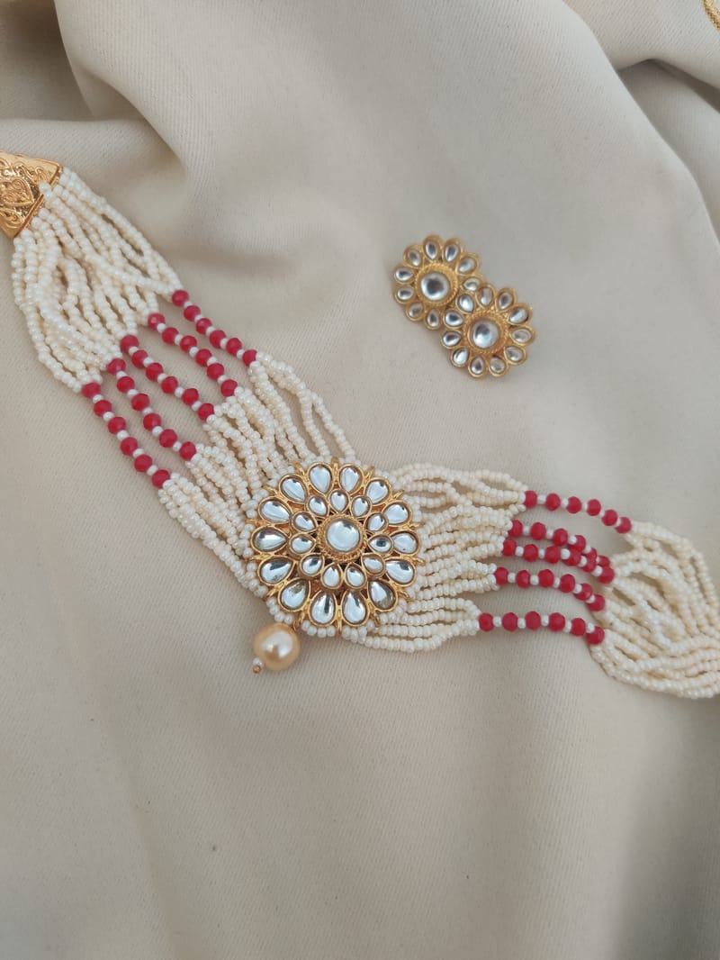 Binni's Wardrobe  gold plated white and red kundan beaded  jewellery set