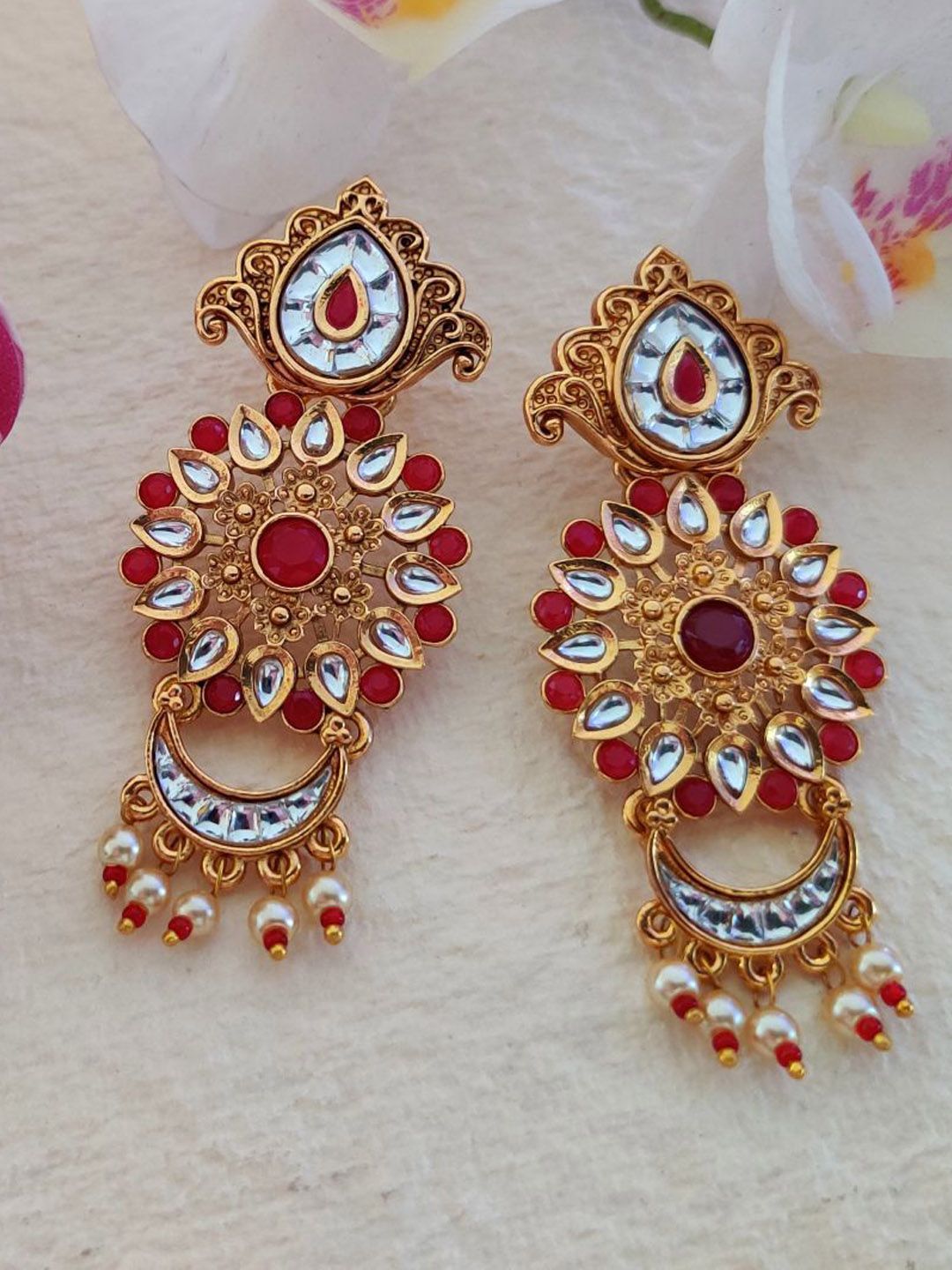 Binni's Wardrobe Gold-Toned  Red Contemporary Drop Earrings