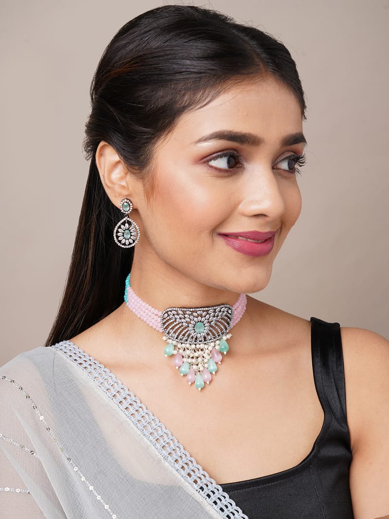 Binni's Wardrobe  Pink and green stone ethinic choker set