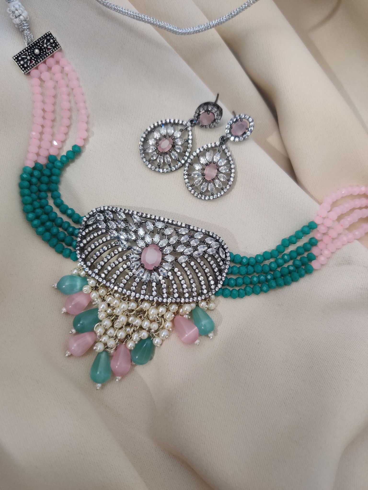 Binni's Wardrobe  Pink and green stone ethinic choker set