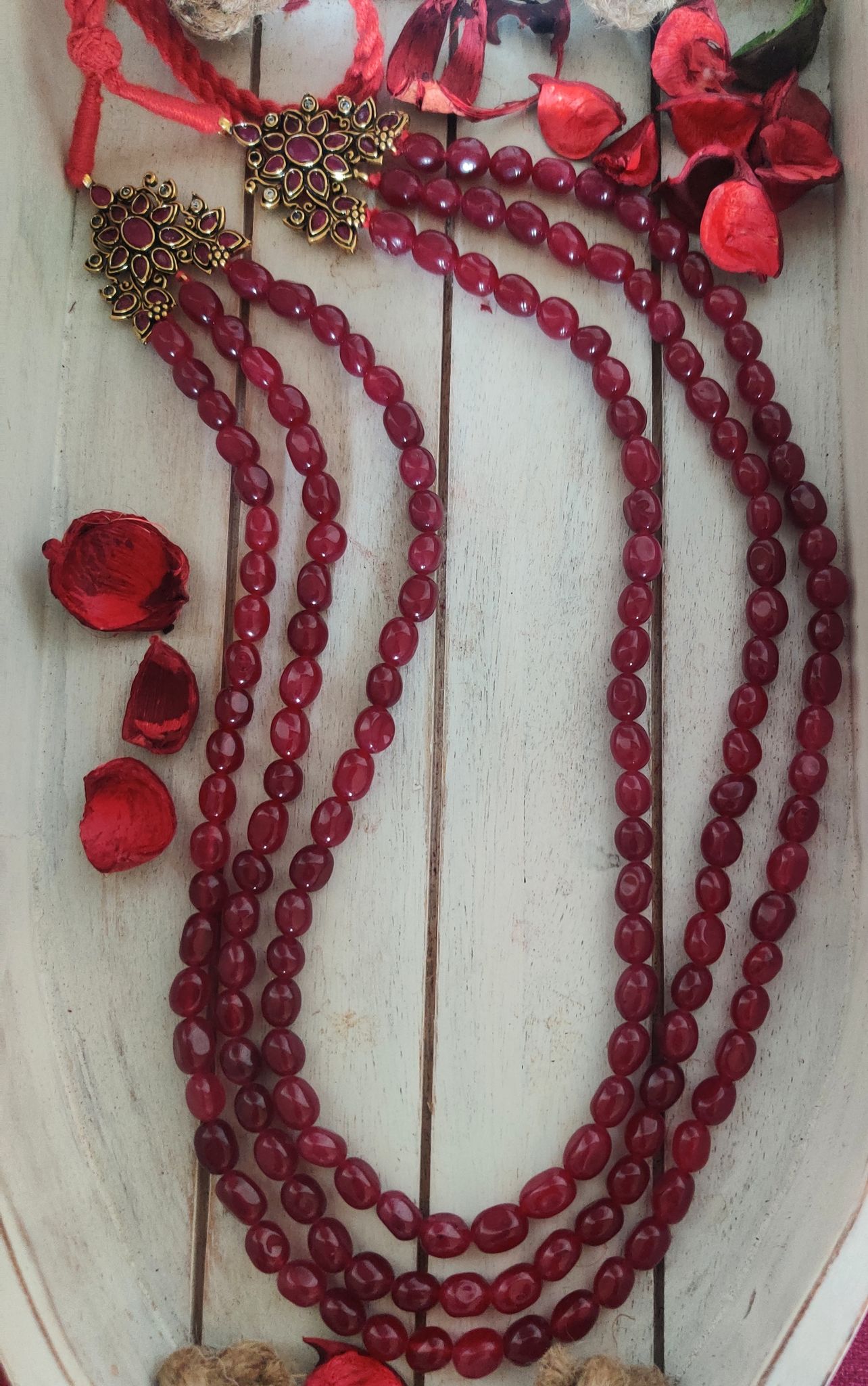 Binni's Wardrobe  Red beaded 3 line long necklace