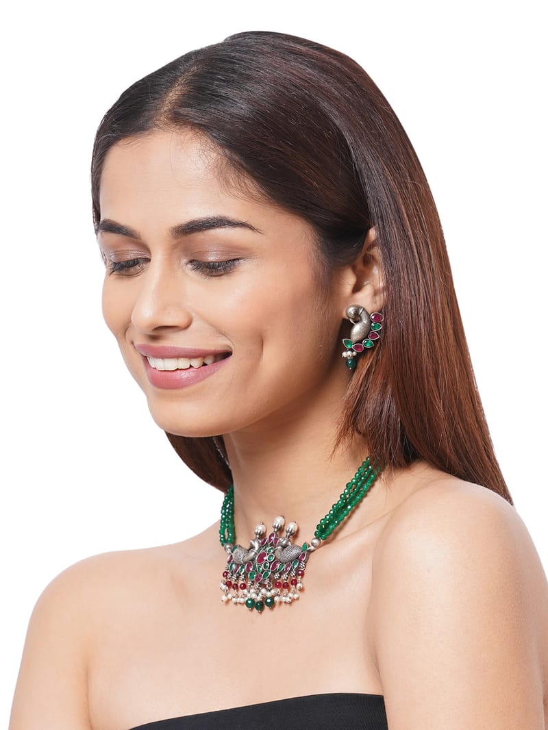 Binni's Wardrobe Women Silver  Green Kundan Oxidised Jewellery Set