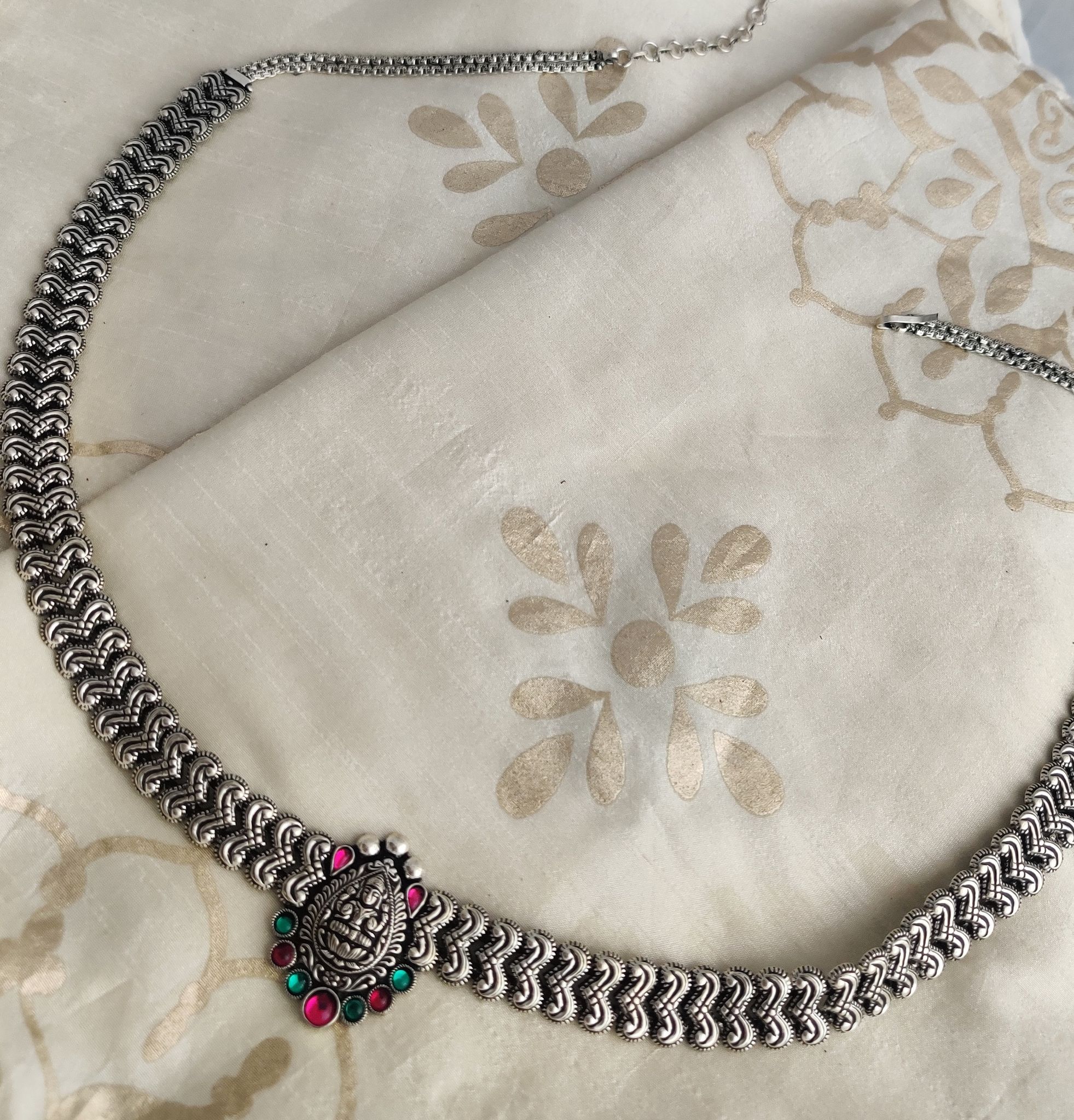 Binni's Wardrobe German silver green and pink stone studded waist chain