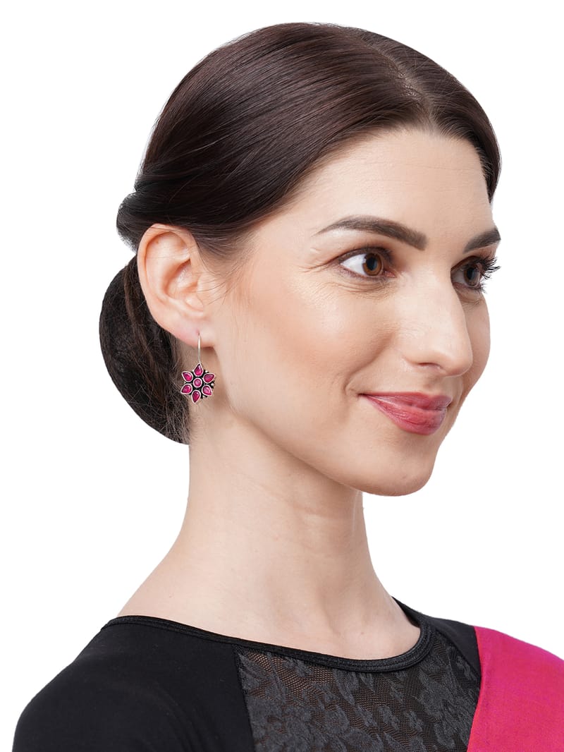 Binni's Wardrobe Women Silver-Toned German Silver Contemporary Ruby Stone Drop Earrings