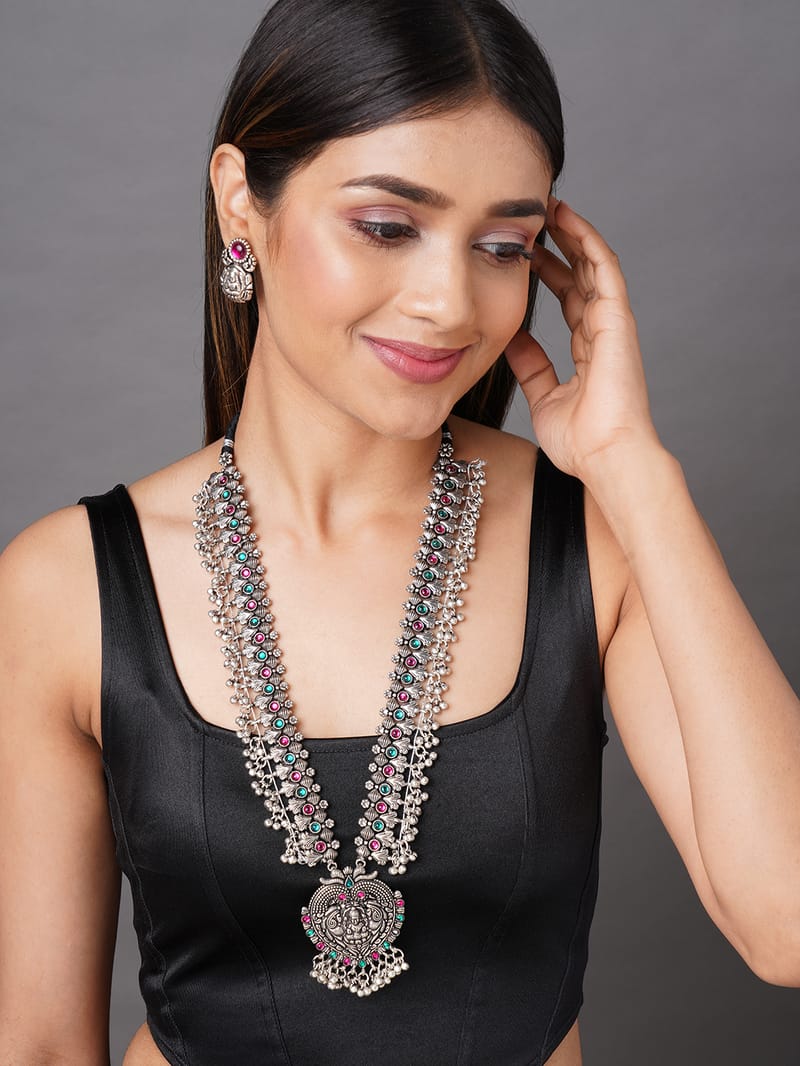 Binni's Wardrobe  silver oxidised green and pink stone necklace set