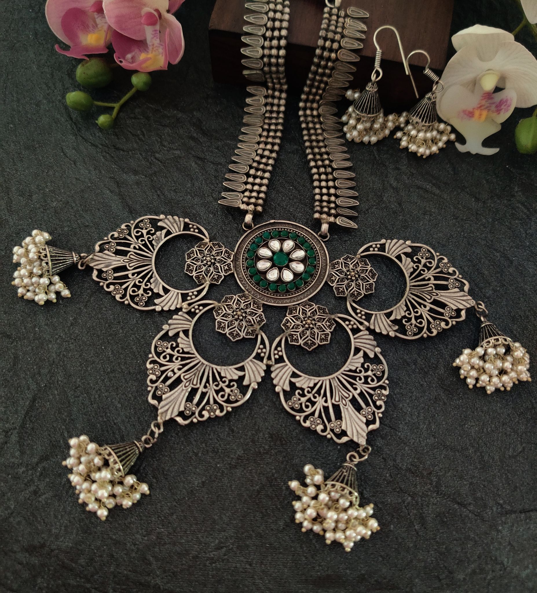 Binni's Wardrobe Set of Silver-Toned German Silver Oxidised Necklace  Earrings