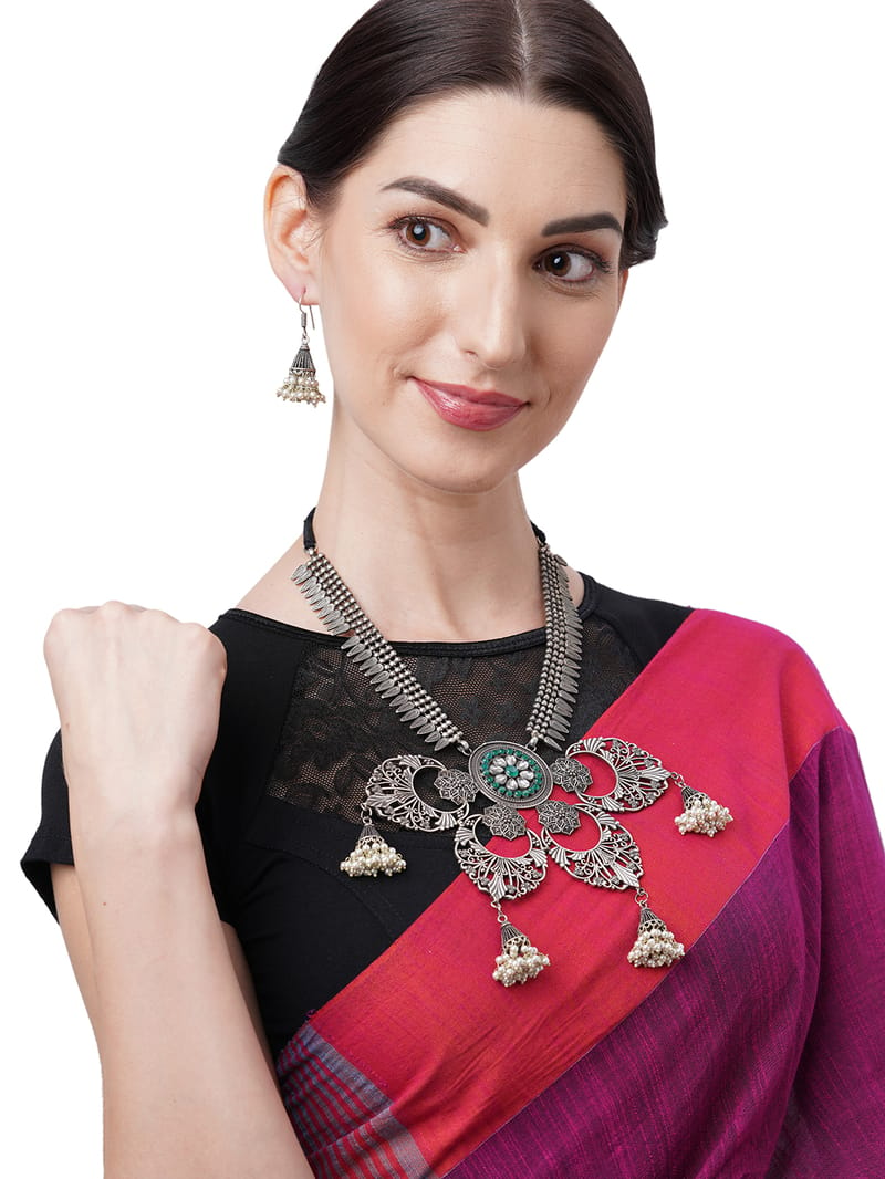 Binni's Wardrobe Set of Silver-Toned German Silver Oxidised Necklace  Earrings