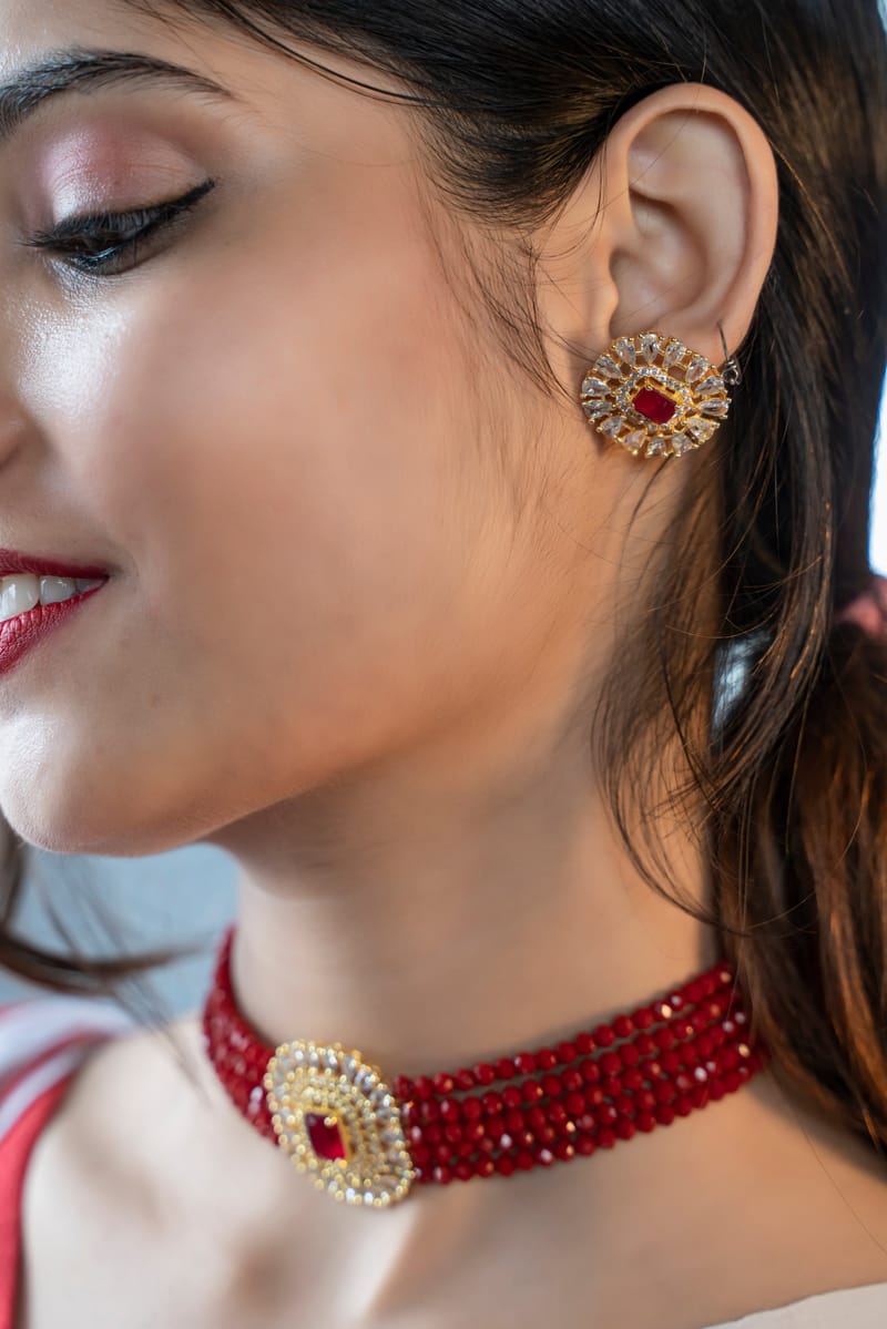 Binni's Wardrobe  silver plated Red kundan studed jewellery set