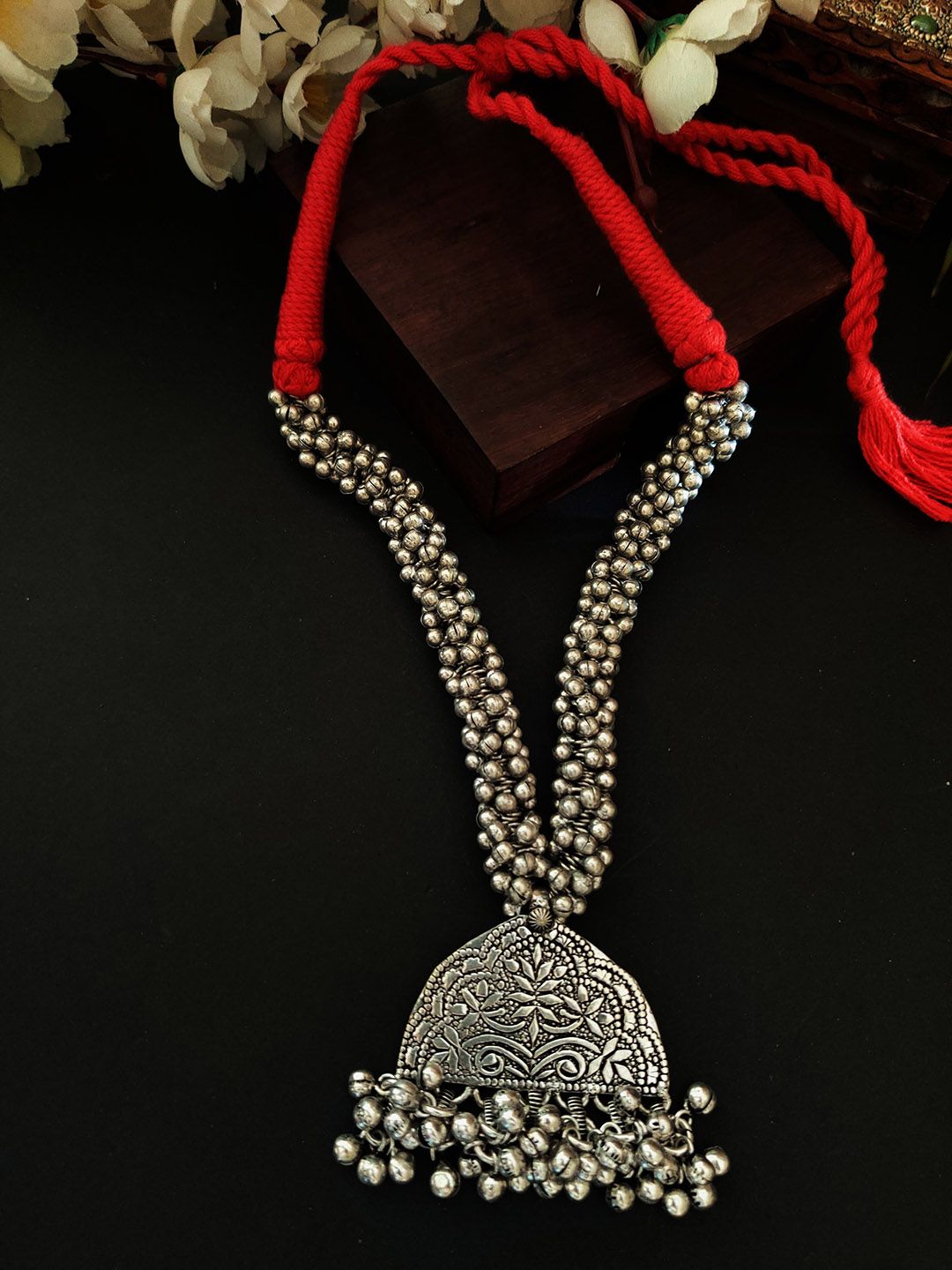 Binni's Wardrobe Silver-Plated  Red Ghunghuru Tribal Necklace