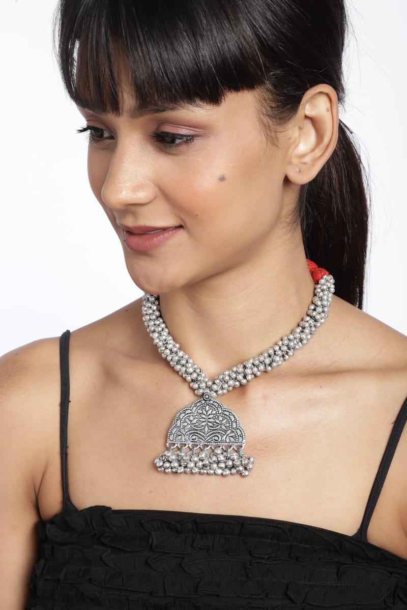 Binni's Wardrobe Silver-Plated  Red Ghunghuru Tribal Necklace