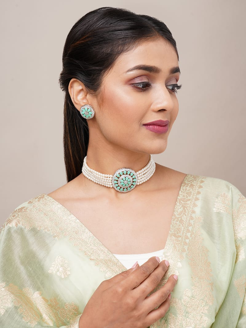 Binni's Wardrobe White and green plated perals  Jewellery Set