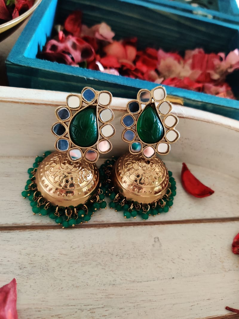 Binni's Wardrobe Gold toned green jhumka earring