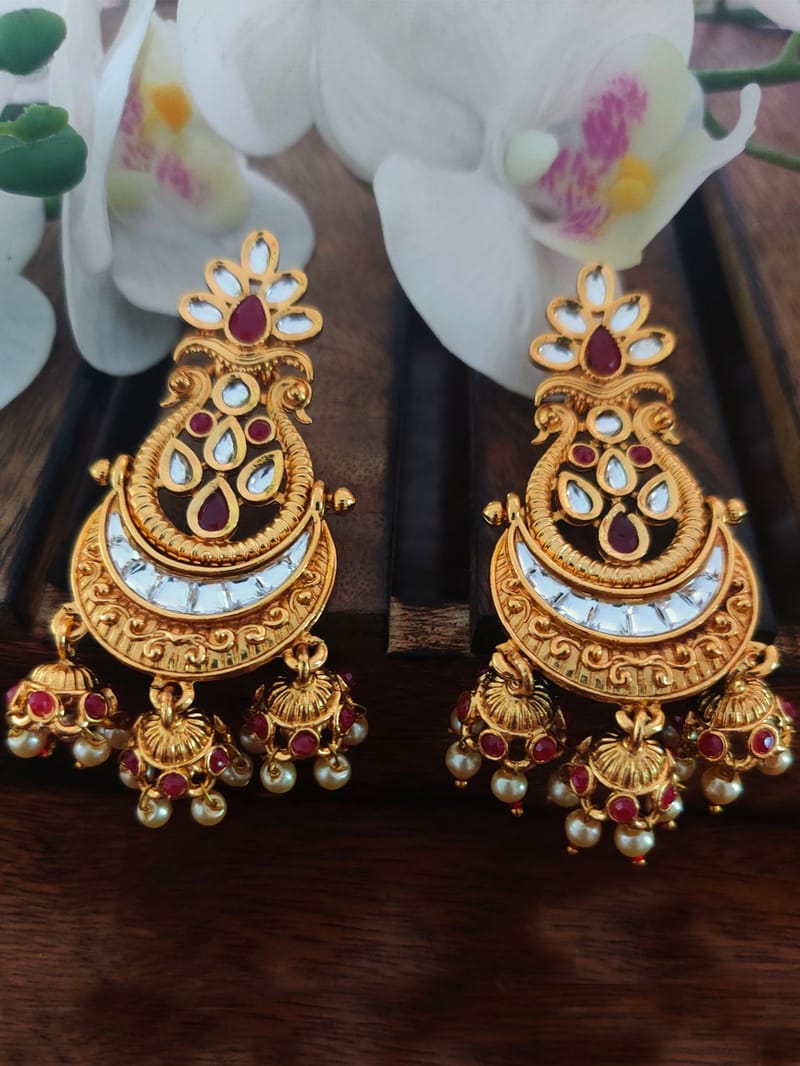 Binni's Wardrobe Gold-Toned and Red Contemporary Chandbalis Earrings