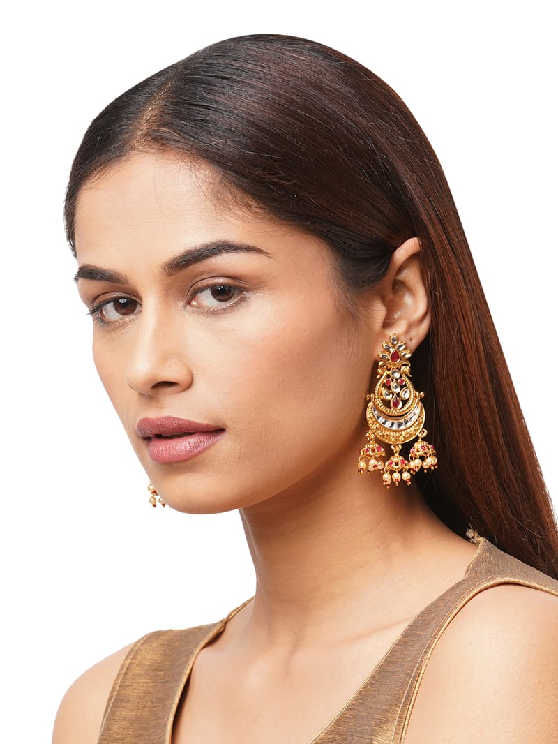 Binni's Wardrobe Gold-Toned and Red Contemporary Chandbalis Earrings