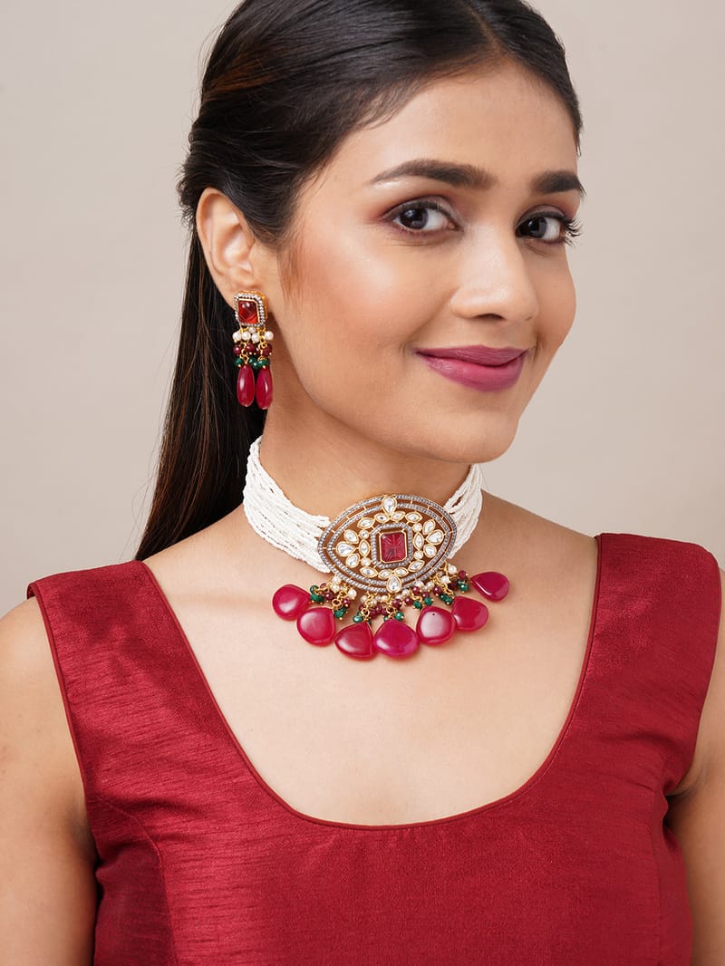 Binni's Wardrobe  Gold plated kundan set with hanging red stone