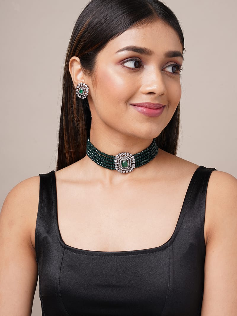 Binni's Wardrobe  silver plated green kundan studed jewellery set