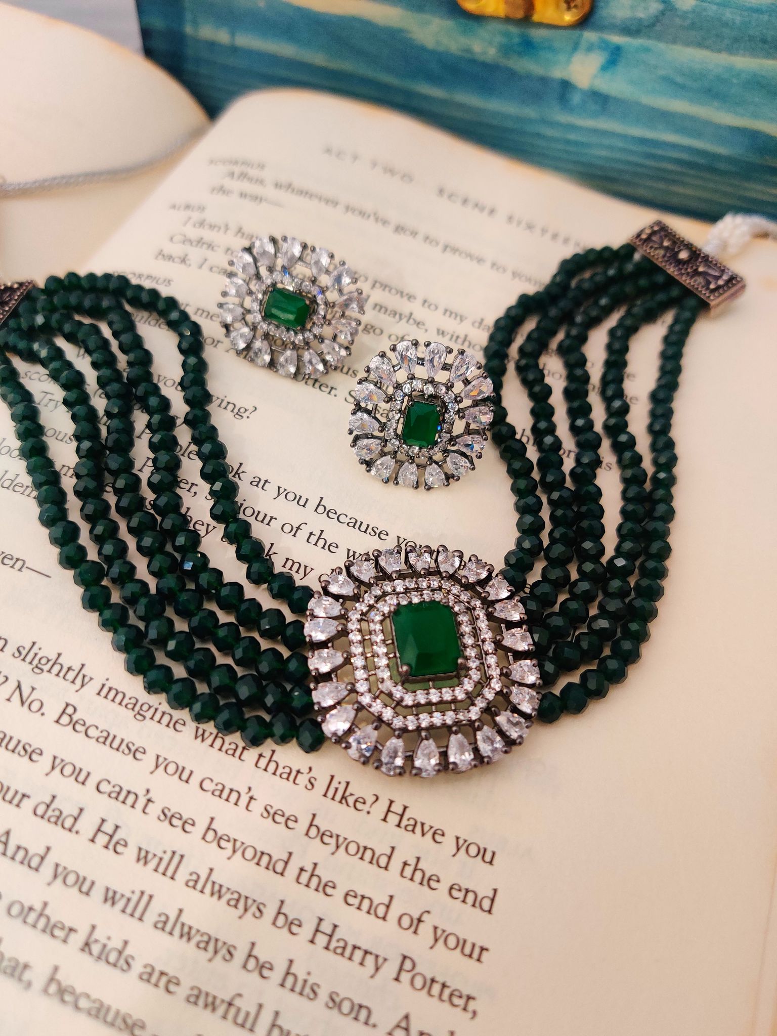 Binni's Wardrobe  silver plated green kundan studed jewellery set