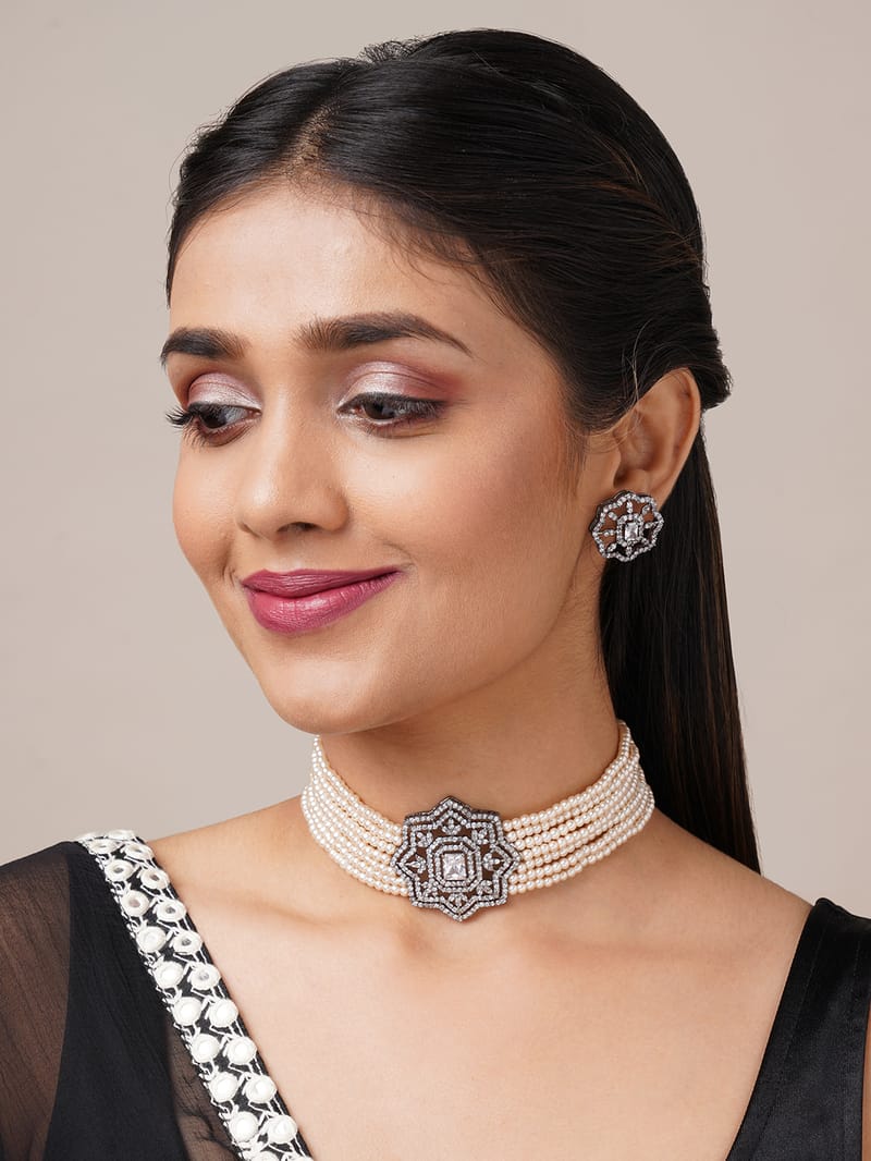 Binni's Wardrobe  silver plated grey kundan studed jewellery set