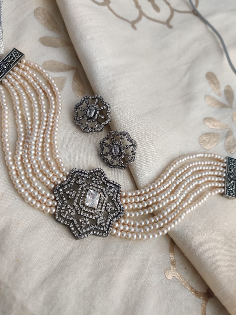 Binni's Wardrobe  silver plated grey kundan studed jewellery set