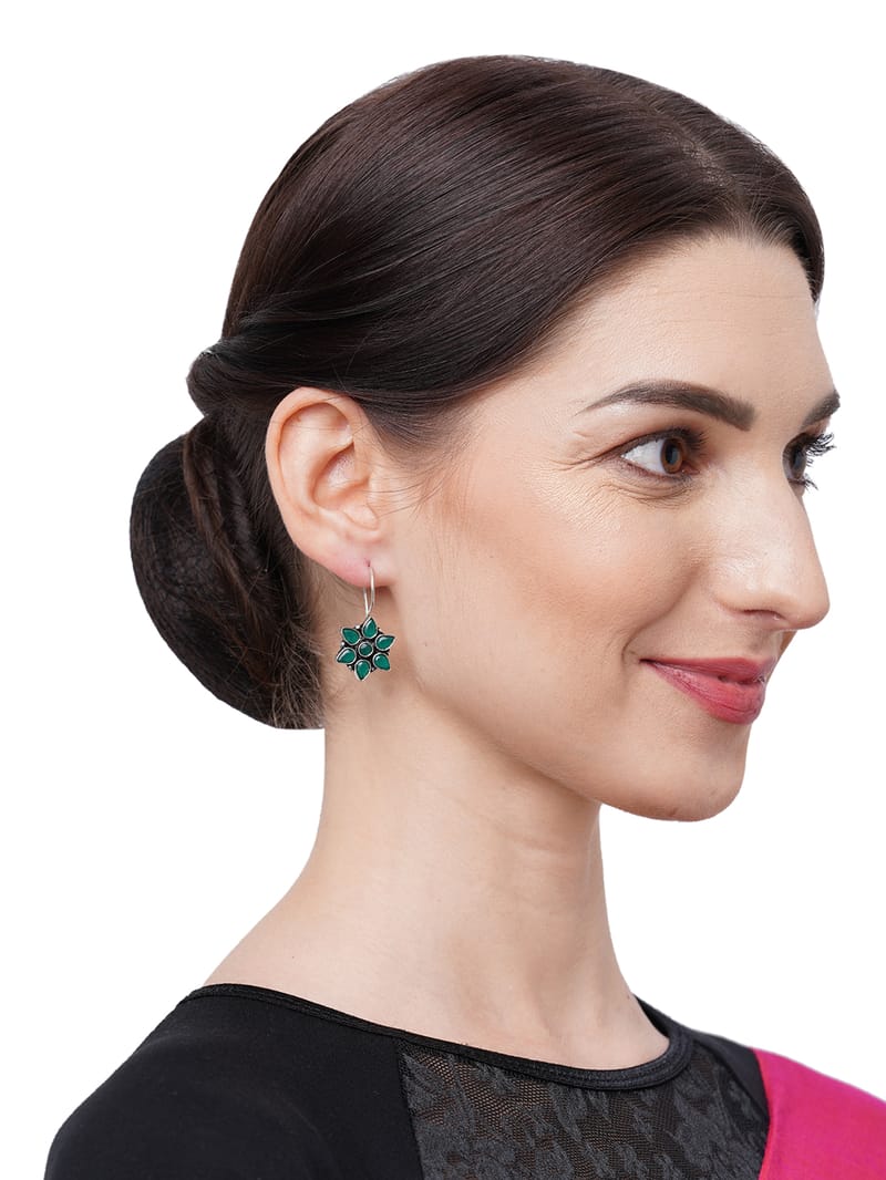 Binni's Wardrobe Women Green Silver-Toned German silver Contemporary Drop Earrings