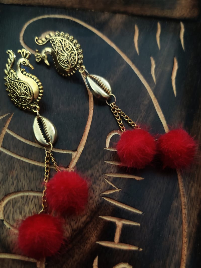 Binni's Wardrobe Gold-toned peacock shapped red ball drop earring